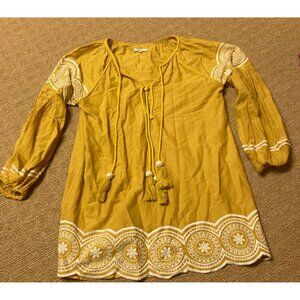 Tularosa Midi Dress Womens Small Mustard Yellow Embroidered Tassel Flaw